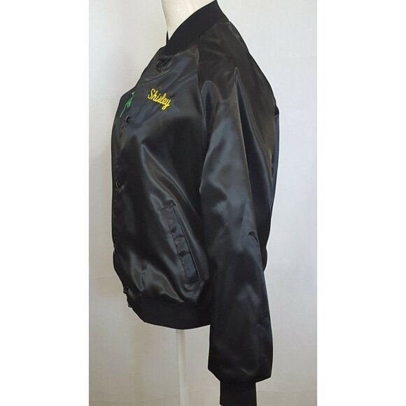 Womens Satin Bomber Windbreaker Jacket M Embroidered Black Flannel Lined USA - Picture 3 of 9